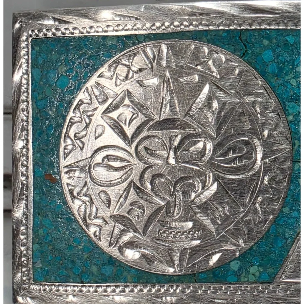 VHLC Plata de Jalisco .925 Sterling Silver Turquoise Aztec Belt Buckle, Vintage